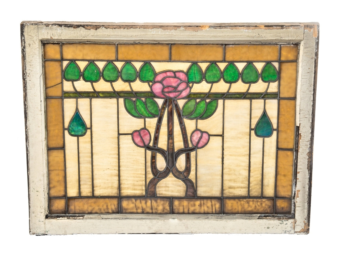 one of four original early 20th century antique american salvaged chicago art nouveau style variegated stained glass window with centrally flower
