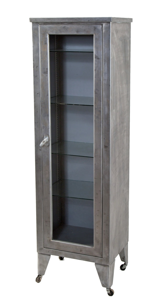 hard to find vintage american industrial tall and slender cold-rolled steel single door hospital room storage cabinet with removable glass doors and brushed metal finish