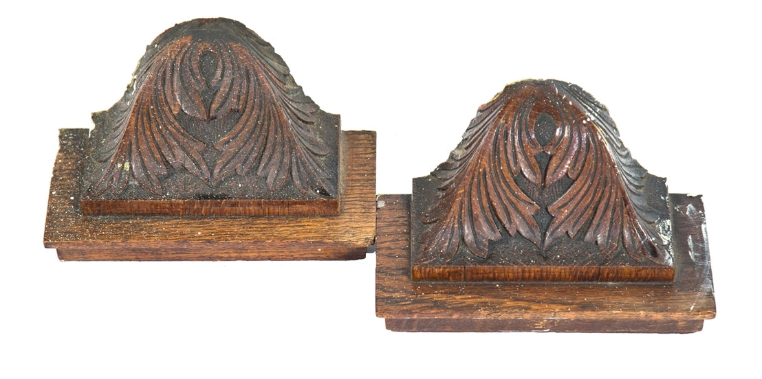 set of matching late 19th century hand-carved oak wood interior residential newel post or caps half-sections retaining original varnished finish