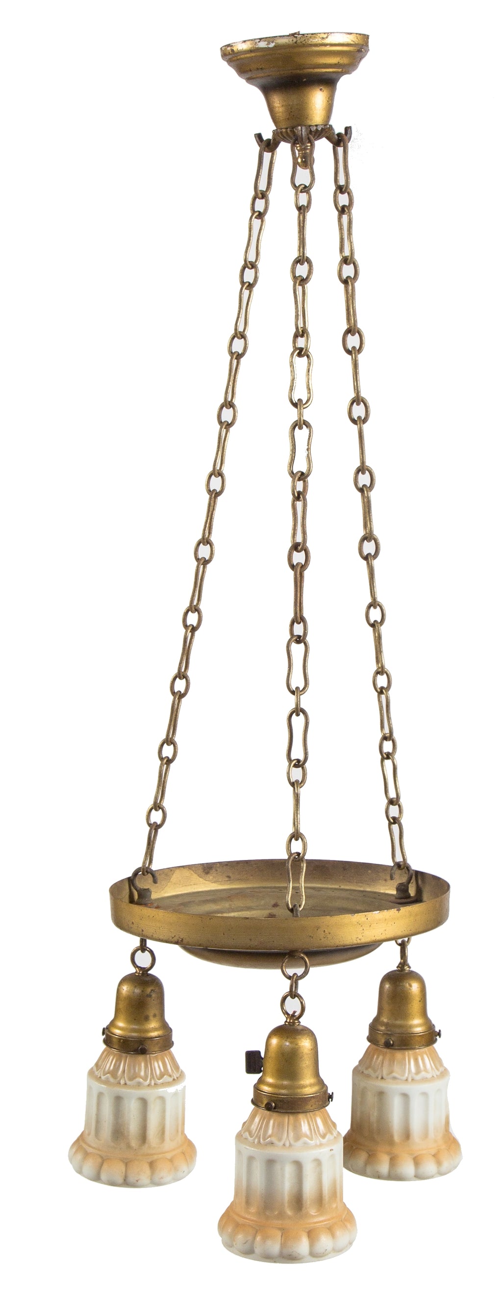 original c. 1920's antique american three-light wrought brass interior residential ceiling fixture with intact baked enameled pressed glass shades