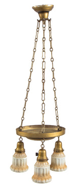 original c. 1920's antique american three-light wrought brass interior residential ceiling fixture with intact baked enameled pressed glass shades