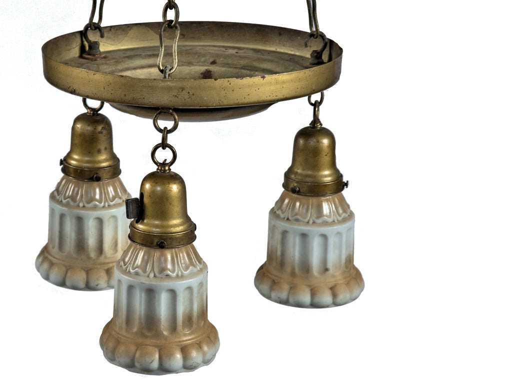 original c. 1920's antique american three-light wrought brass interior residential ceiling fixture with intact baked enameled pressed glass shades