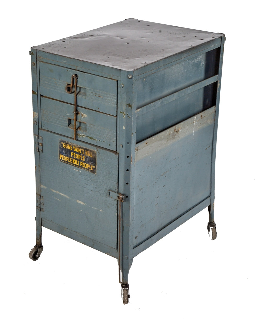 c. 1950's vintage american industrial salvaged chicago mobile blue enameled pressed and folded steel two-drawer machine shop tool cabinet or stand with hinged cabinet door