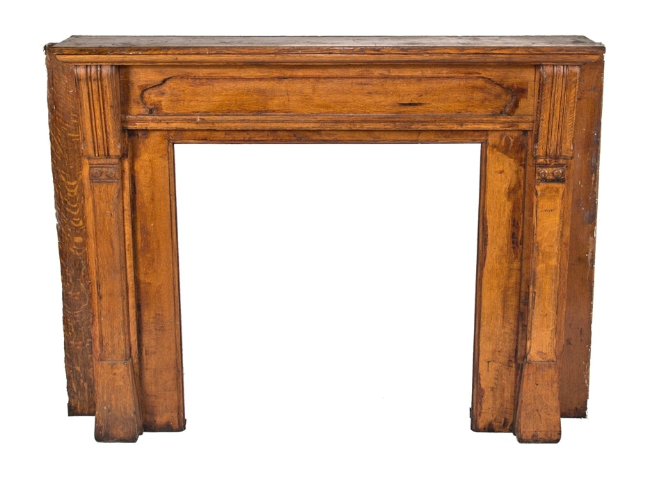 uniquely-designed original late 19th or early 20th century antique american interior residential quartered oak wood fireplace mantel with original finish