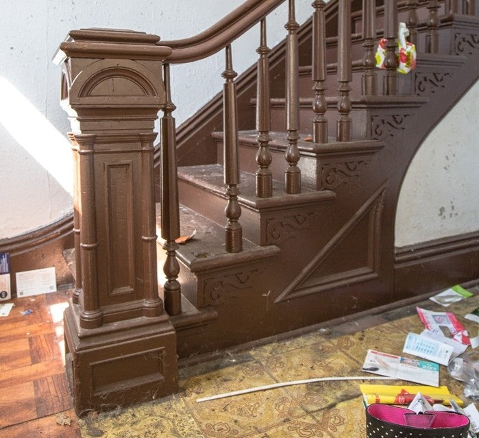 hard to find oversized c. 1870's freestanding box-shaped solid walnut interior residential salvaged chicago staircase newel post with pyramidal-shaped top