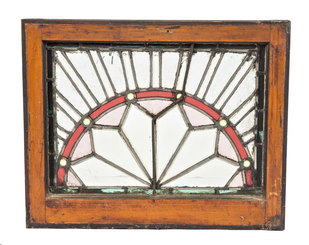 one of three nearly identical 19th century american victorian salvaged chicago original interior residential leaded glass window with faceted green jewels and bevels