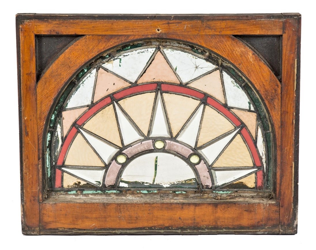 one of two matching all original and largely intact 19th century victorian era salvaged chicago leaded glass window with faceted jewels and clear bevels
