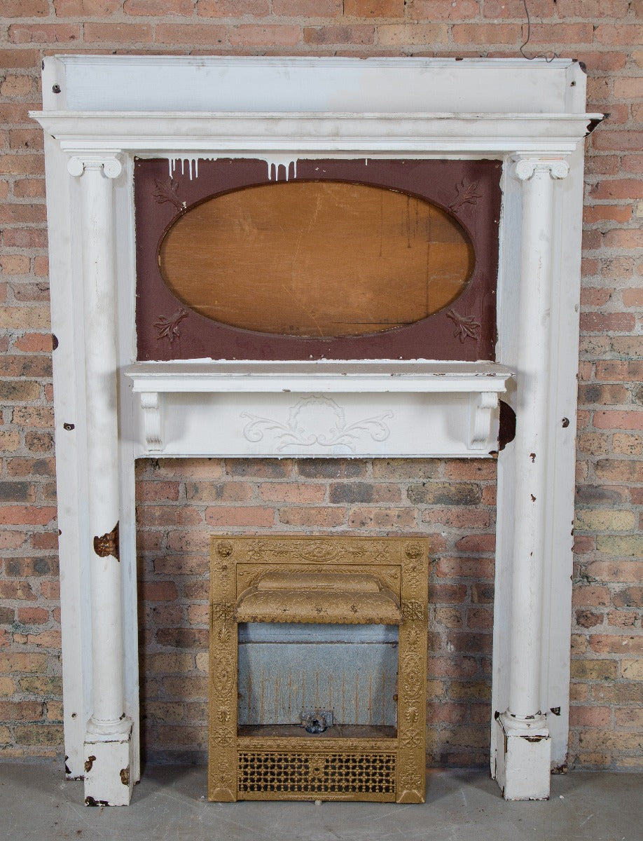 american victorian era interior residential salvaged chicago solid white oak wood full-mantel with columns and bracketed shelf