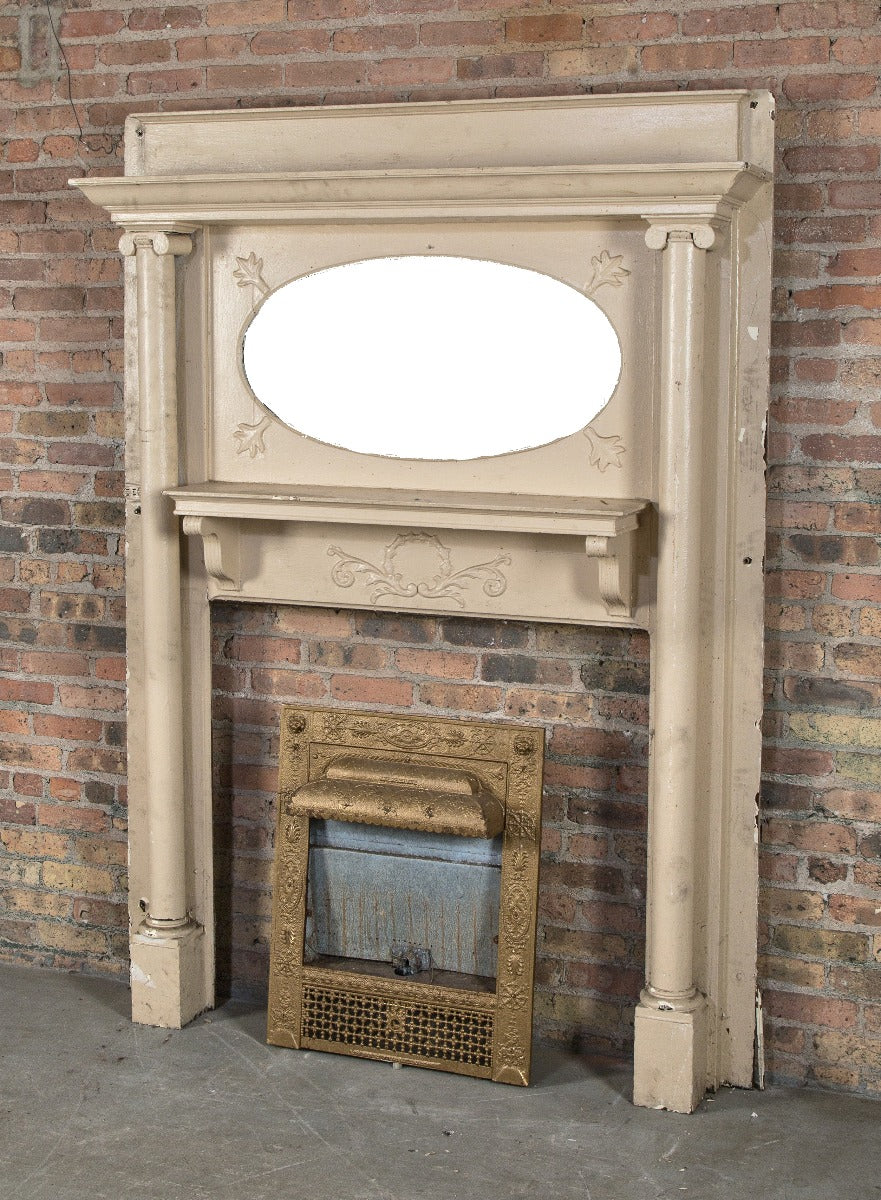 original 19th century antique american painted oak wood interior residential fireplace full-mantel with oval shaped beveled mirror