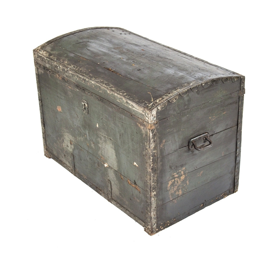 19th or early 20th century weathered and worn oversized pine wood trunk with oversized cast iron keyhole escutcheons and original green paint finish