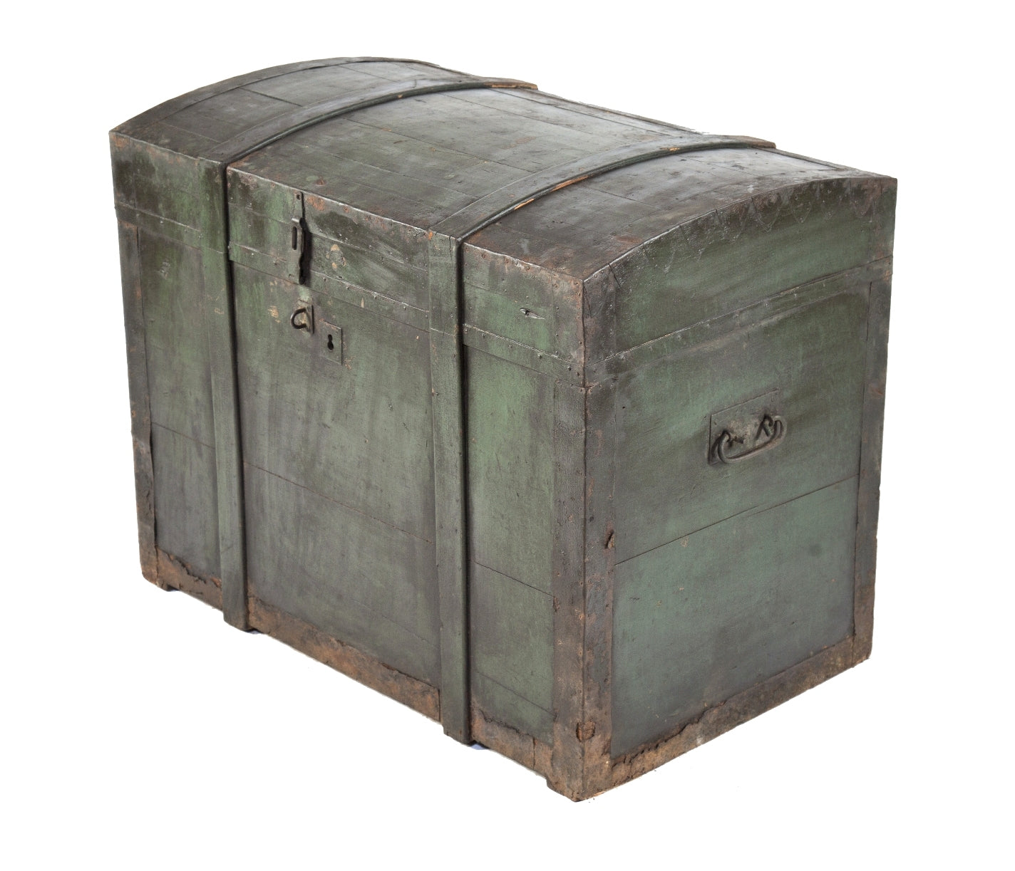 oversized late 19th or early 20th century all original and intact salvaged chicago humpback wood steamer trunk with old green paint finish and wrought iron straps