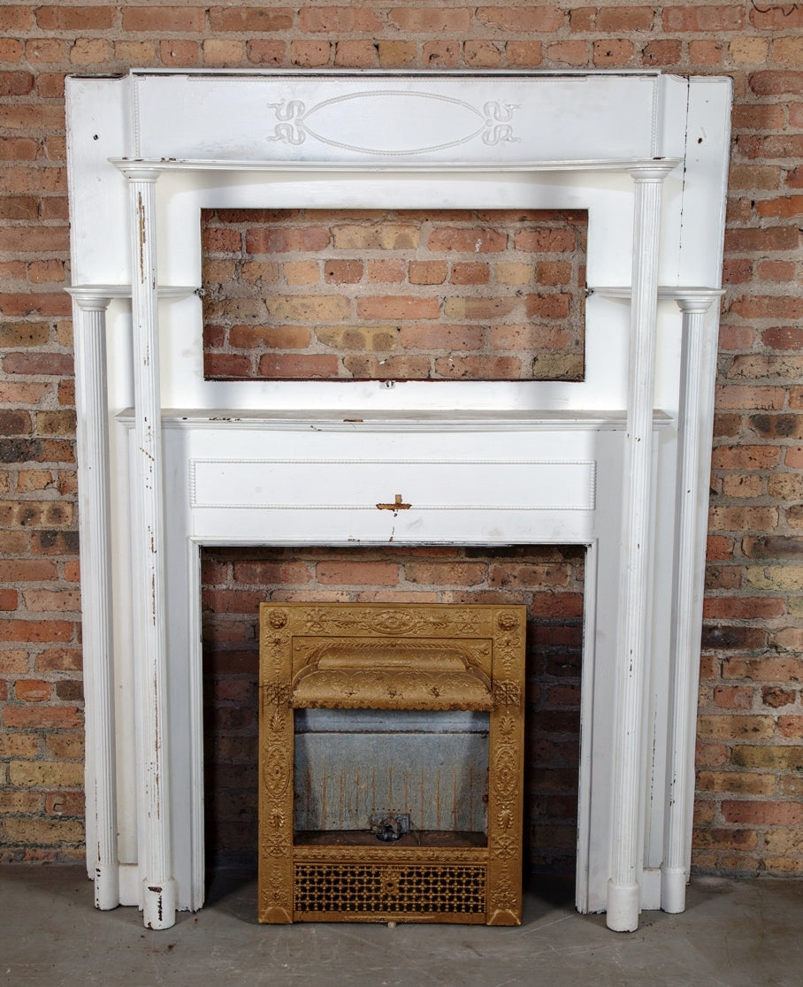 one of two matching late 19th century painted white solid quartered oak salvaged chicago fireplace mantel with two sets of solid fluted columns and beveled mirror