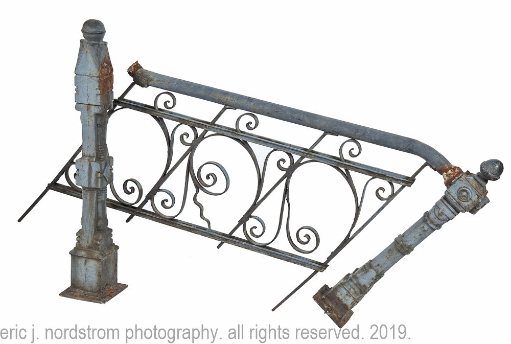 original 19th century salvaged chicago dearborn foundry cast iron exterior ornamental newel post and matching wrought iron railing with distressed paint finish