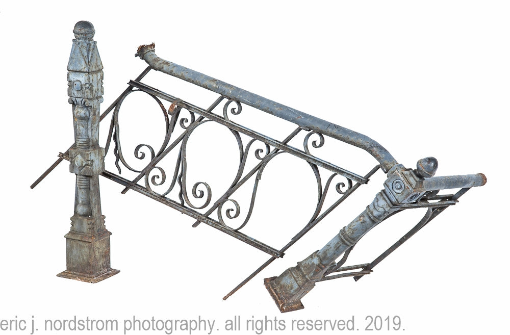 original late 19th century antique american ornamental cast and wrought iron exterior residential staircase newel post and railing with distressed paint finish