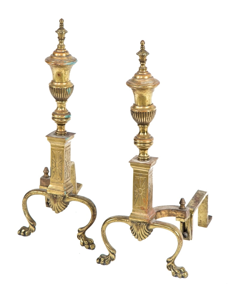 matching set of lightly polished antique american colonial revival salvaged chicago cast brass fireplace andirons with tapered and fluted urns and finials
