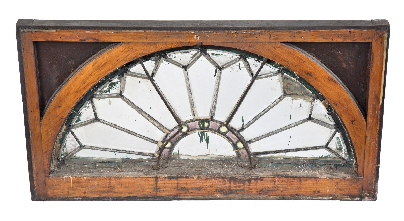 single 19th century original fan-shaped or sunburst leaded glass salvaged chicago residential window with beveled edge glass and faceted jewels