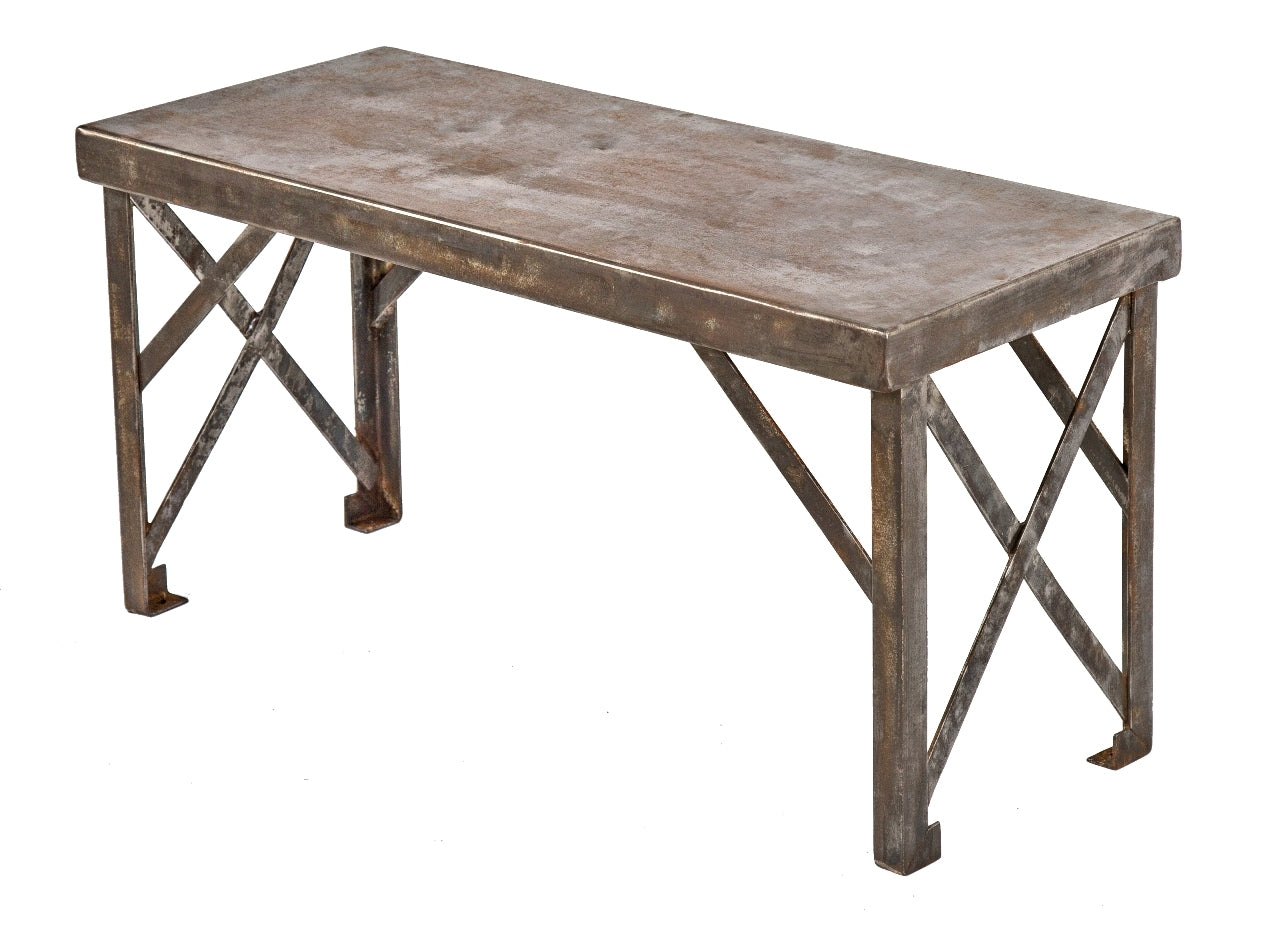 heavily reinforced depression-era american low-lying welded joint brushed steel sitting bench or console with four-legged angled steel base