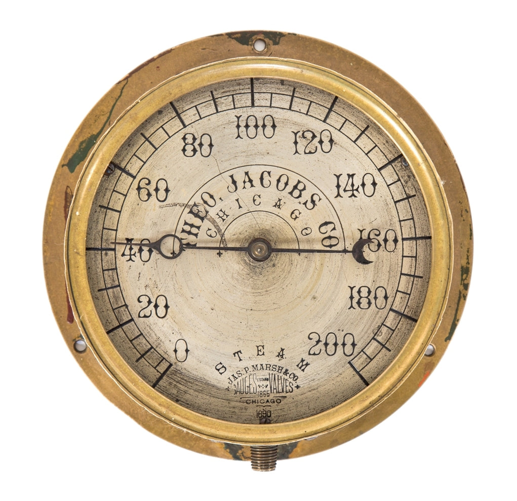 original oversized cast brass encased steam pressure gauge salvaged from holabird and roche's pontiac building abandoned basement heating plant dating to 1890