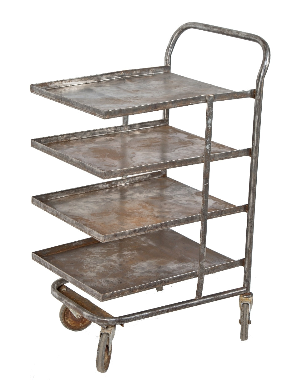 unique depression-era antique american salvaged chicago stevens hotel kitchen chinaware dish cart or "caddy" with multiple brushed steel shelves