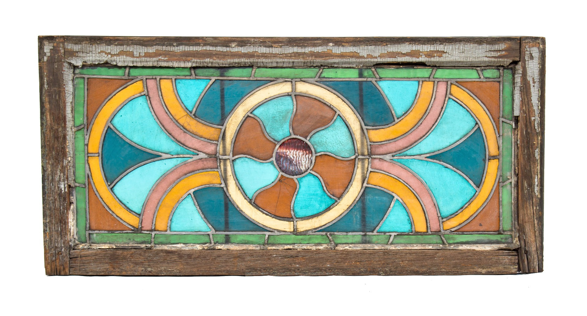 hard to find original 1880's early chicago residential stained glass transom window with cathedral glass and geometric design