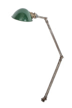 c. 1930's american depression era chicago crane factory machine shop workbench brushed tubular steel articulating task lamp with green parabolic reflector