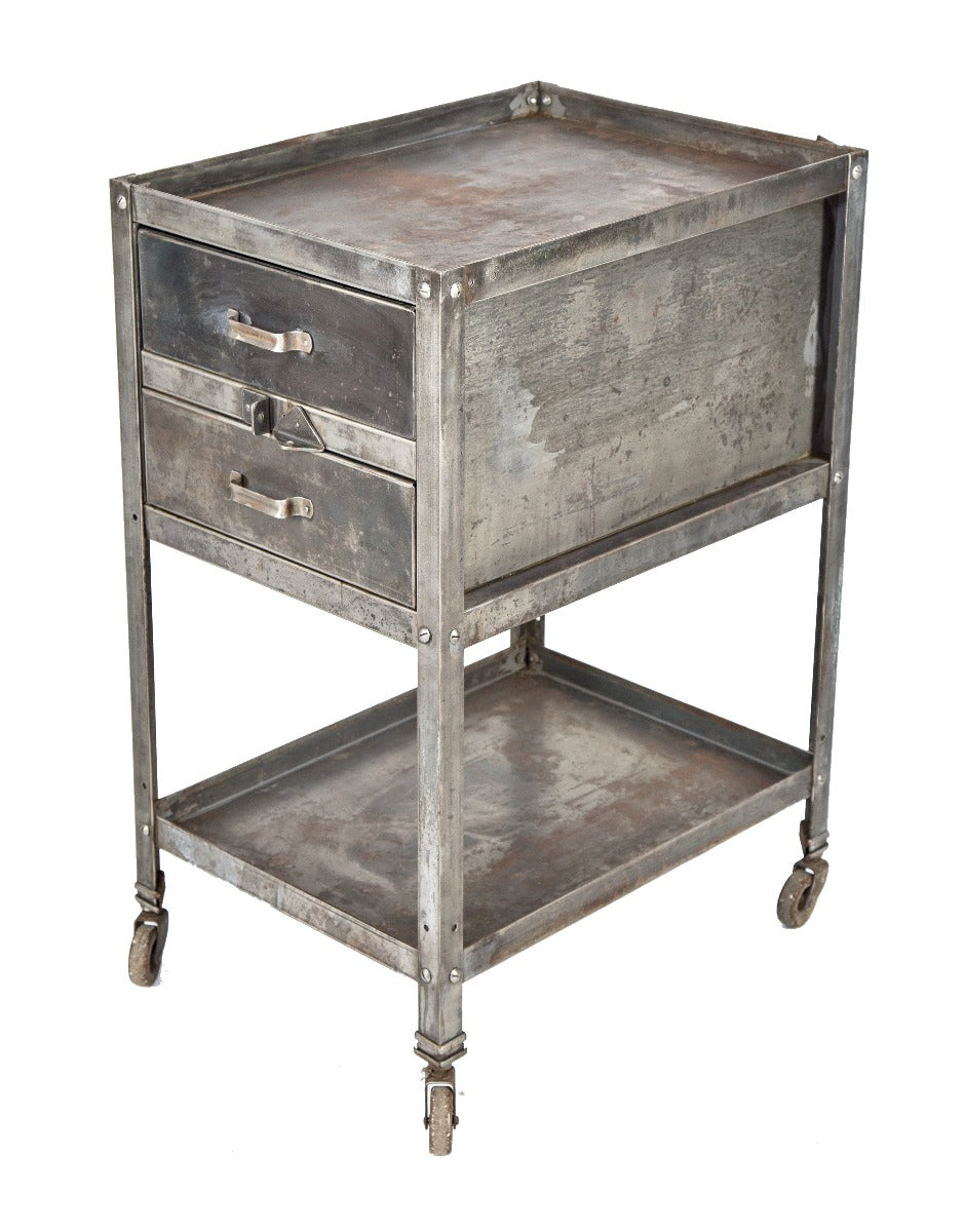 completely refinished c. 1940's salvaged chicago factory machine shop brushed metal double-drawer tool stand or cabinet with undershelf and bassick casters