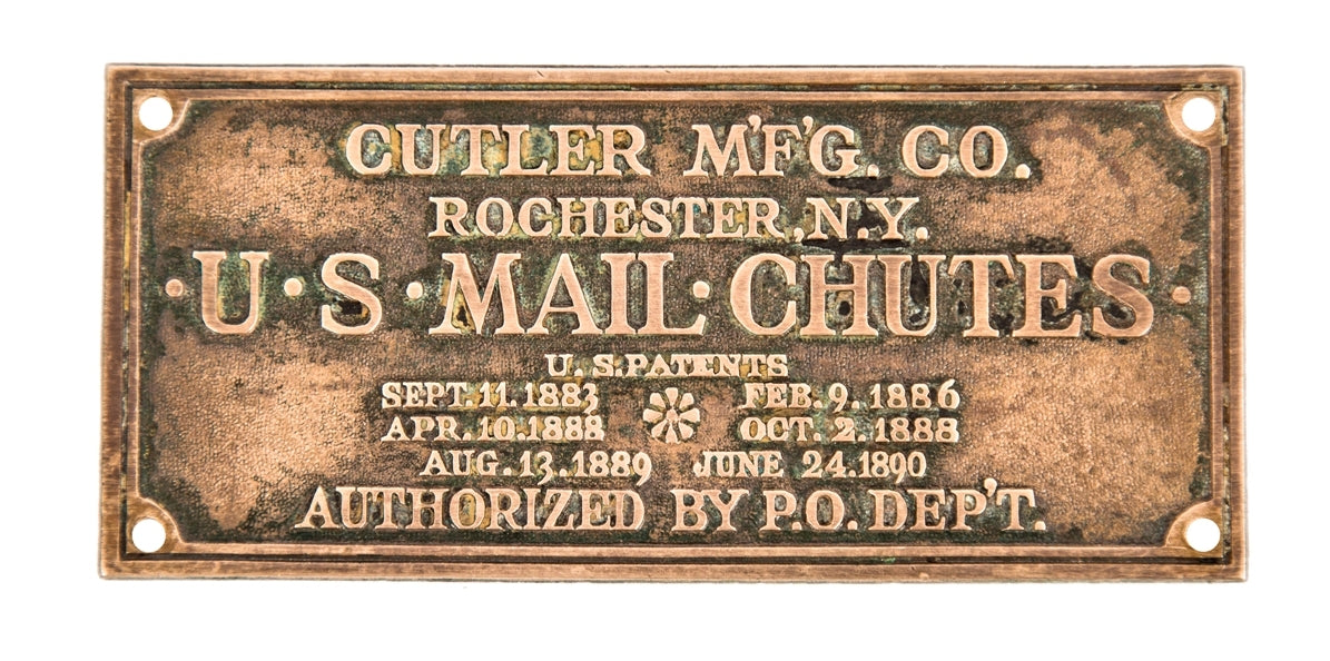 original c. 1914 single-sided stamped brass fort dearborn hotel cutler mail chute company plaque with nicely aged surface patina