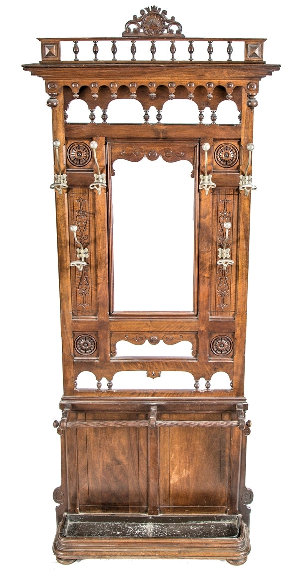 original late 19th century american eastlake or aesthetic style varnished solid walnut wood interior vestibule hall tree with oversized nickel-plated hooks and beveled mirror