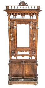 original late 19th century american eastlake or aesthetic style varnished solid walnut wood interior vestibule hall tree with oversized nickel-plated hooks and beveled mirror