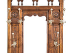 original late 19th century american eastlake or aesthetic style varnished solid walnut wood interior vestibule hall tree with oversized nickel-plated hooks and beveled mirror