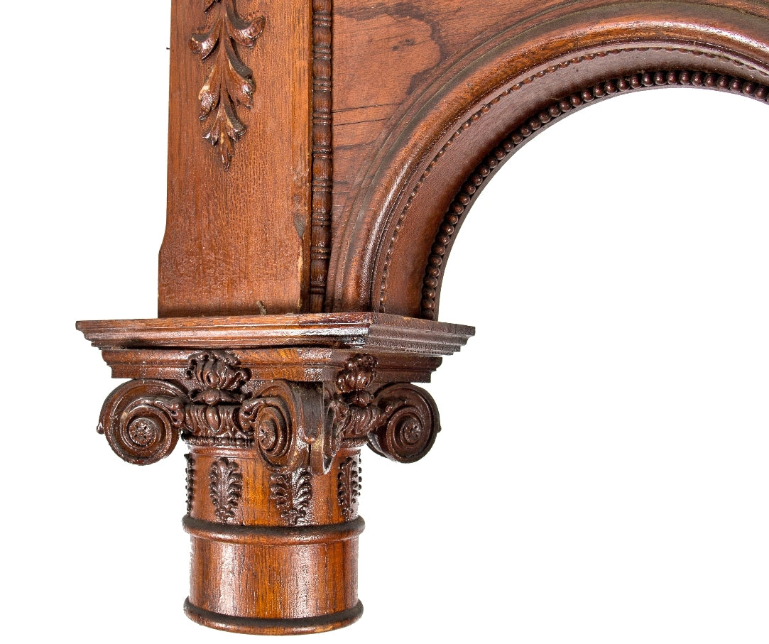 late 19th or early 20th century antique american salvaged chicago varnished oak wood fluted columns with ionic columns, arches, and elegantly designed corbels