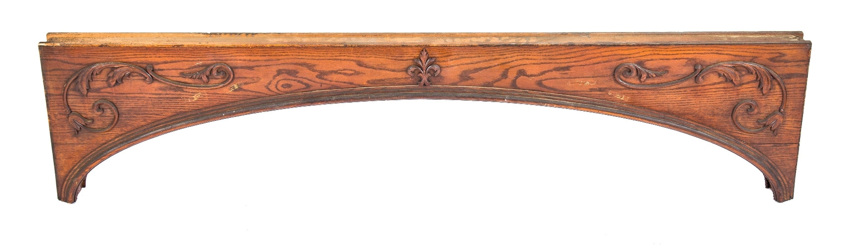 original interior residential antique american victorian era varnished oak wood room divider arch with double-sided gesso ornament