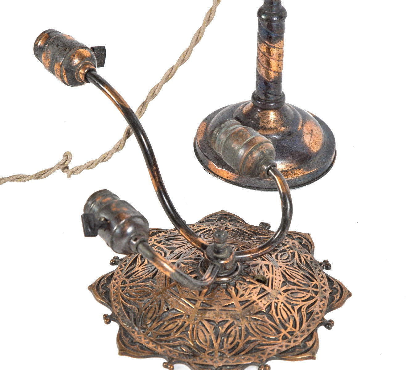 highly desirable early 20th century american industrial oxidized copper-plated single adjustable arm table lamp with braided cloth cord
