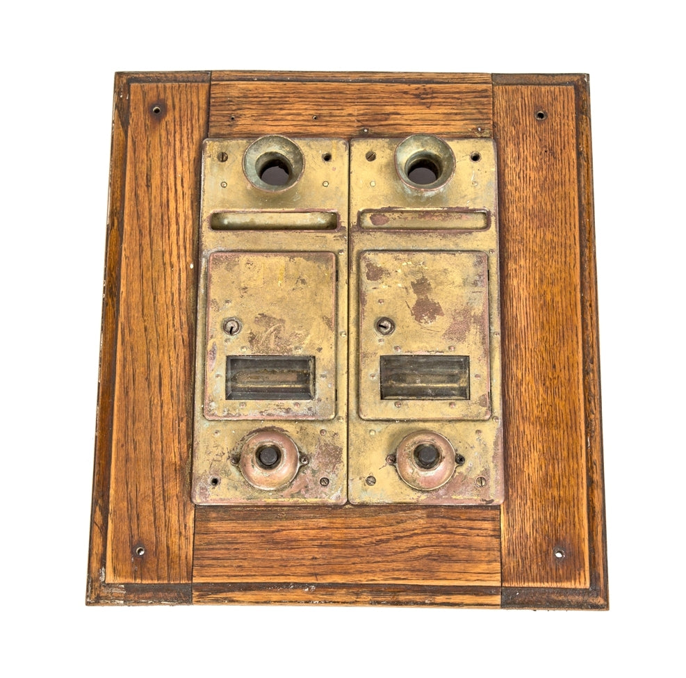 hard to find and highly sought after all original and intact salvaged chicago two-flat greystone combination annunciator /mailbox with original oak wood surround
