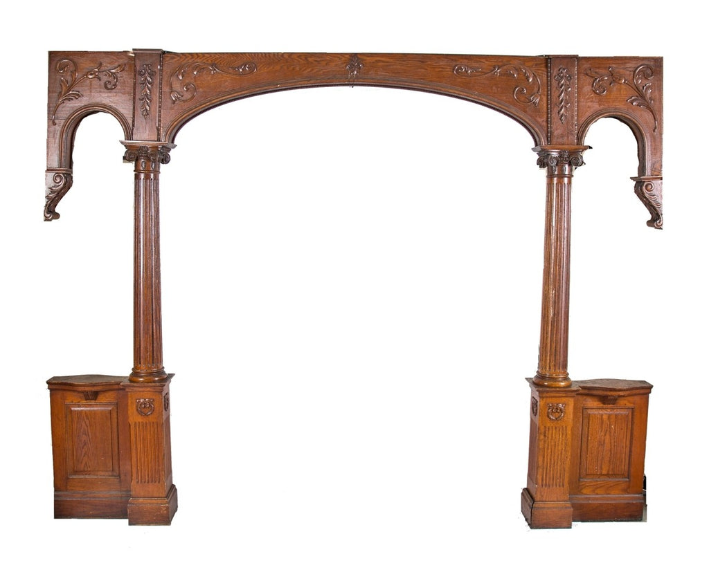 all original and intact 19th century american salvaged chicago varnished oak wood interior residential room divider or colonnade replete with heavily ornament gesso molding