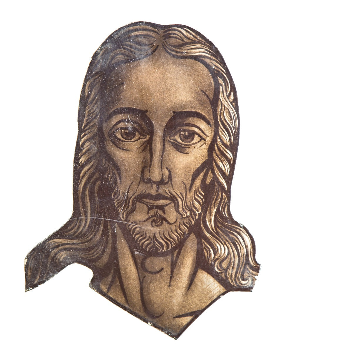 original oversized early 20th century baked-on enameled glass salvaged new york head of christ church window fragment
