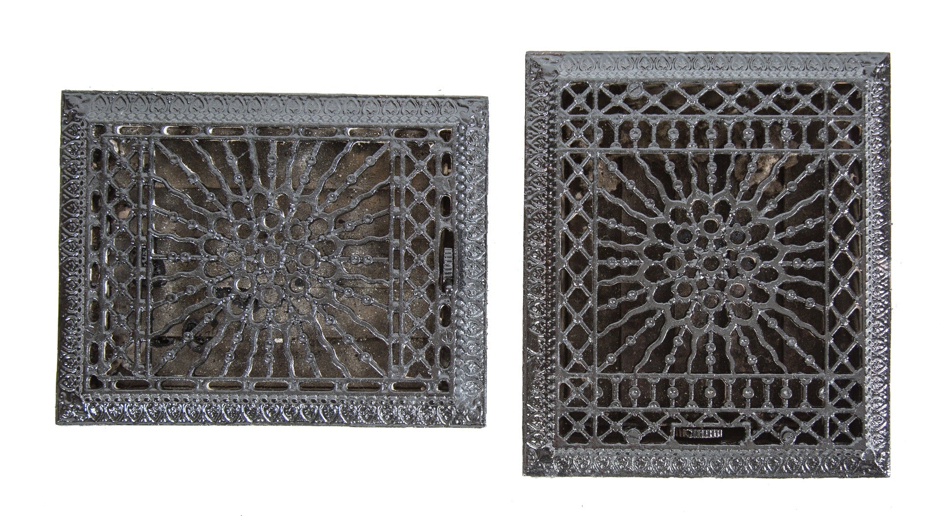 original late 19th century or early 20th century antique american salvaged chicago ornamental cast iron floor registers with louvers