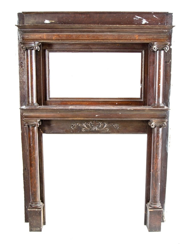 all original and completely intact late 19th century american victorian era varnished quartered oak wood fireplace mantel with intact beveled edge mirror