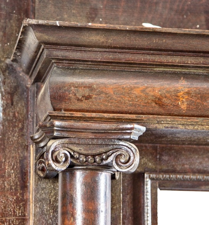 all original and completely intact late 19th century american victorian era varnished quartered oak wood fireplace mantel with intact beveled edge mirror
