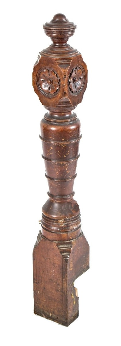 nicely turned and tapered 19th century antique american victorian era solid oak wood interior residential newel post with hand carved floral rosettes and graduating rings