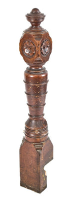 nicely turned and tapered 19th century antique american victorian era solid oak wood interior residential newel post with hand carved floral rosettes and graduating rings