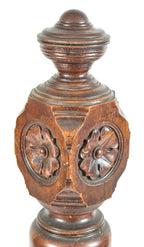 nicely turned and tapered 19th century antique american victorian era solid oak wood interior residential newel post with hand carved floral rosettes and graduating rings
