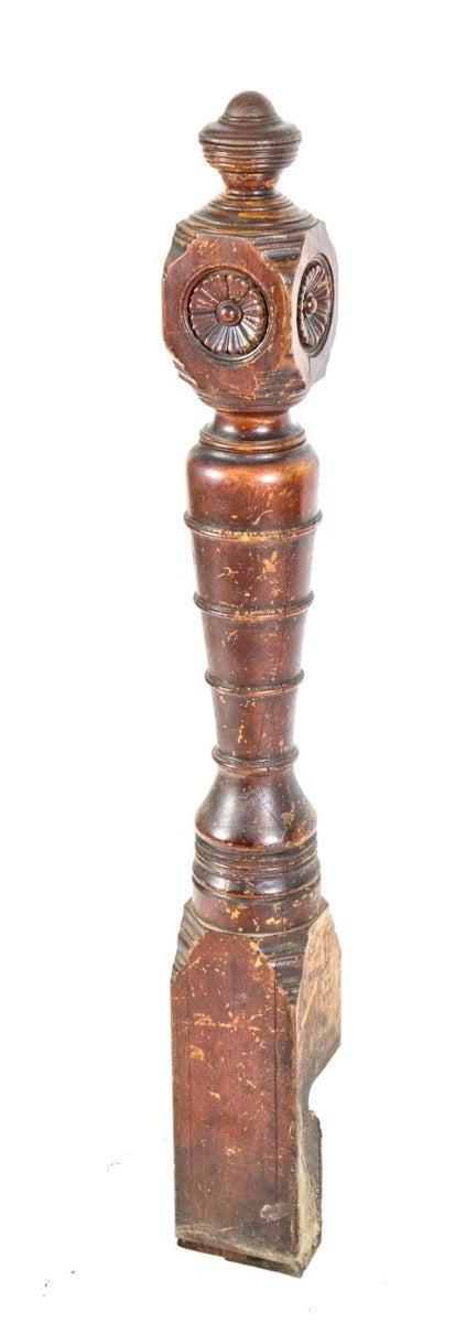 richly ornamented 19th century carved solid oak wood interior residential newel post with deeply carved floral rosettes and turned finial
