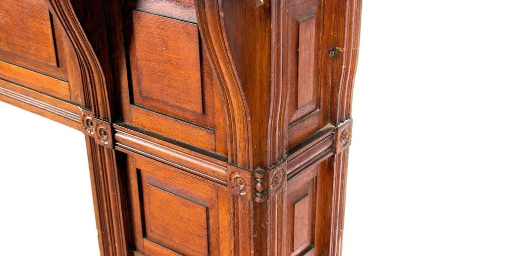 impressive c. 1880's completely intact salvaged chicago interior residential quartered oak eastlake style fireplace mantel with original beveled mirror