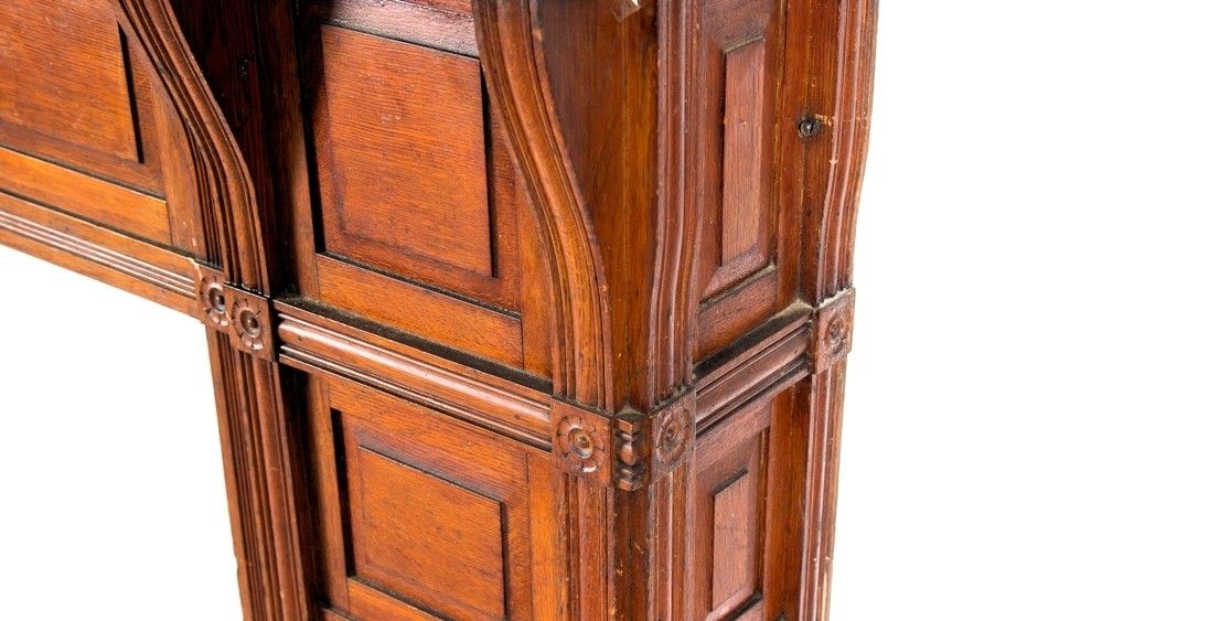 impressive c. 1880's completely intact salvaged chicago interior residential quartered oak eastlake style fireplace mantel with original beveled mirror