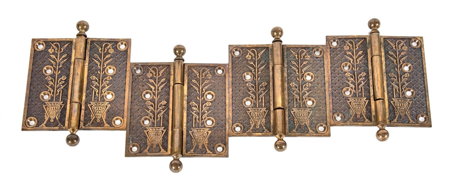 group of four matching rare and highly sought after 1880's "hoofed urn" cast brass 5 x 5 interior residential passage door hinges with ball finials