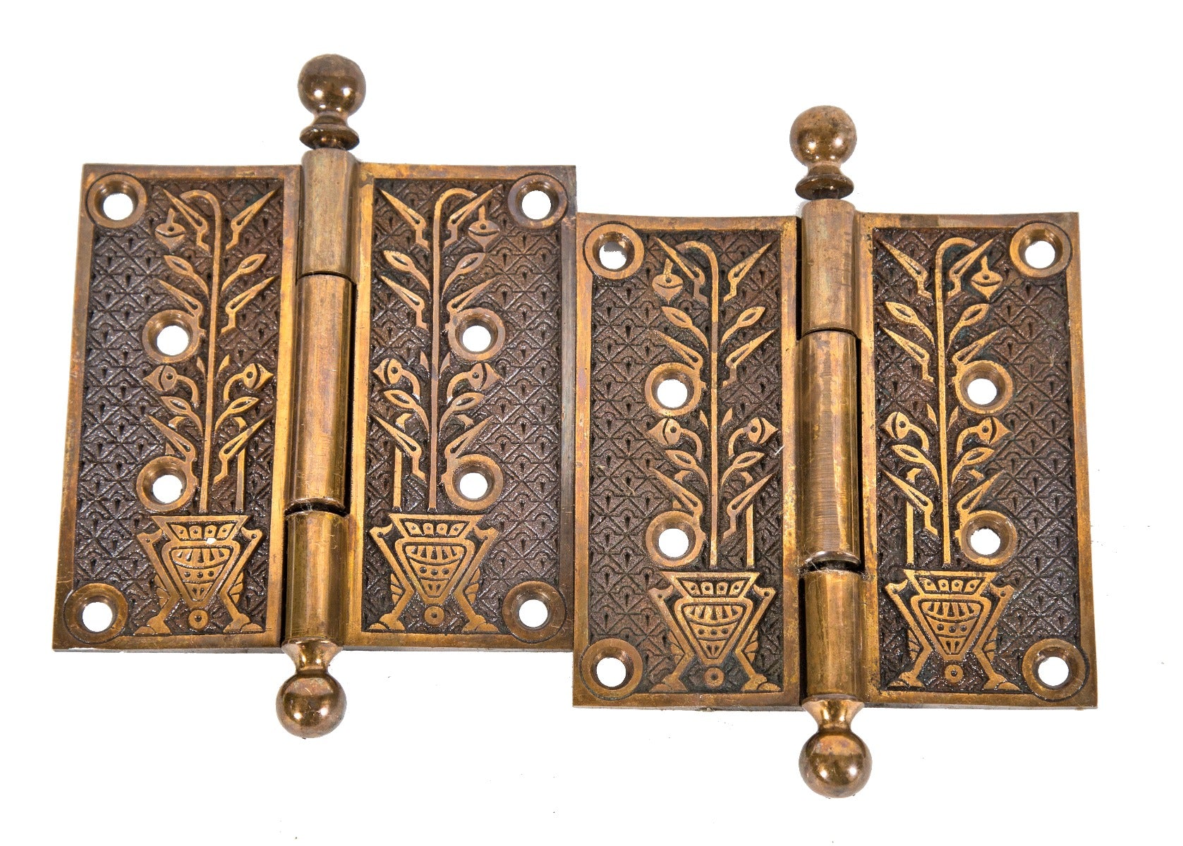 two matching original ornamental cast brass interior residential salvaged chicago "hoofed urn" passage door hinges with ball finials