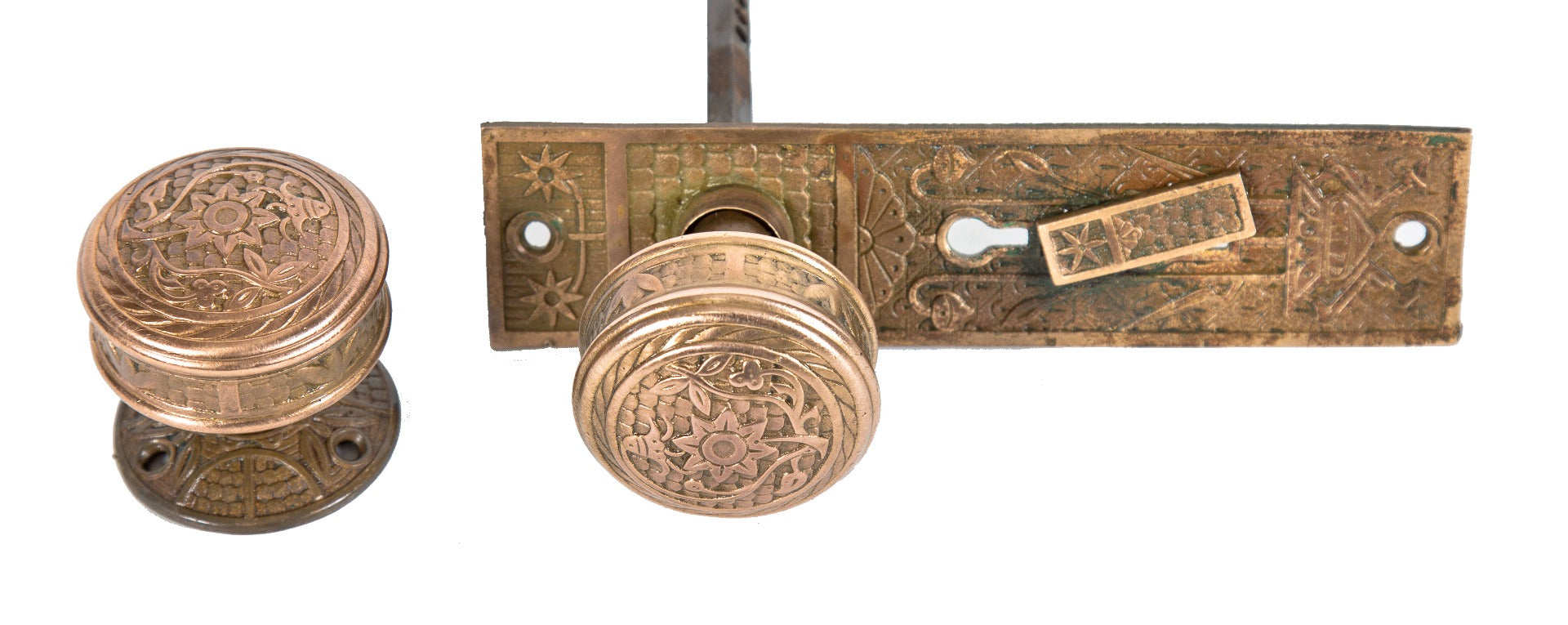 hard to find original c. 1880's "hoofed urn" salvaged chicago entrance door cast brass hardware with nicely aged surface patina