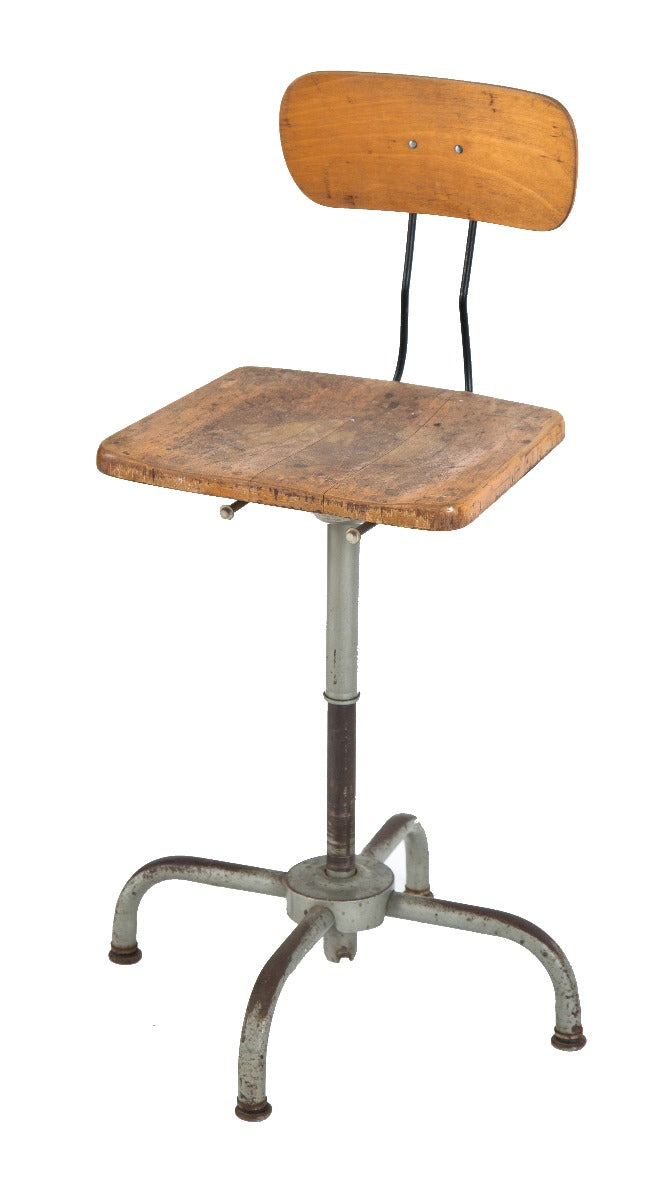 fully adjustable vintage american industrial salvaged chicago factory machine shop "adjustrite" stool with four-legged tubular base