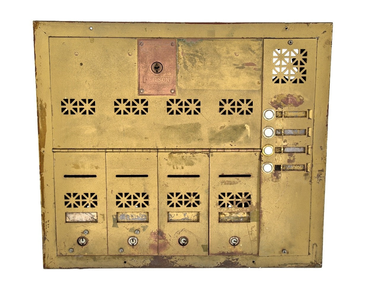 all original and intact c. 1880's antique american interior residential single pocket door hardware set with cast brass backplates, mortise lock, and catch